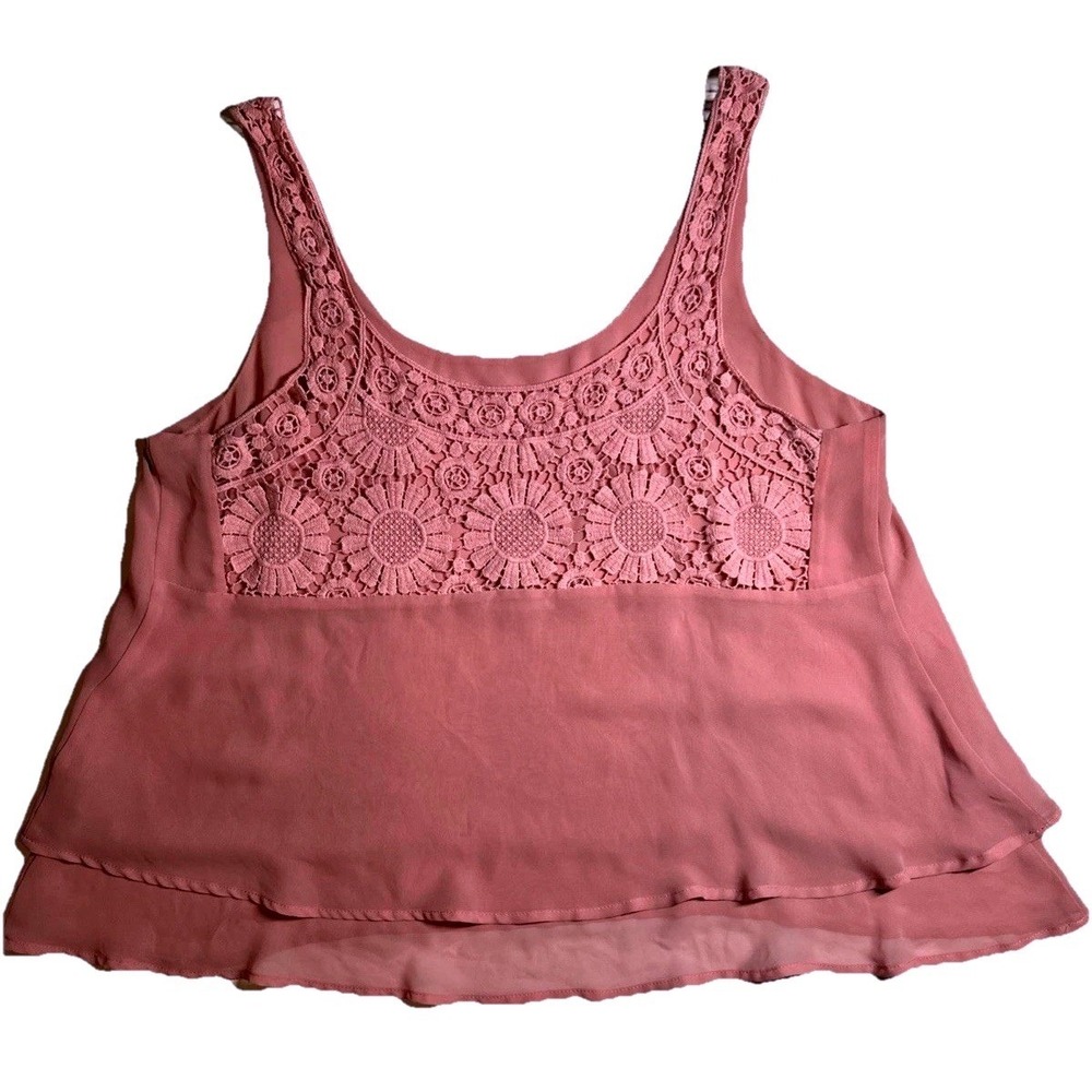Womens Rose Pink Crochet Lace Tiered Tank Top